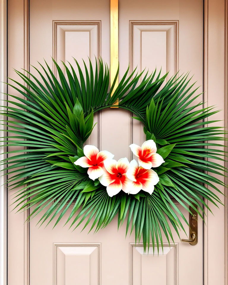 modern summer look with tropical palm leaves - 20 Summer Door Decoration Ideas