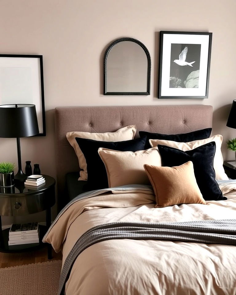 modern taupe bedding with black accents - 20 Taupe Bedroom Ideas