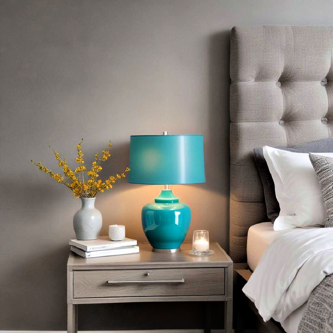 modern teal lamp on grey nightstand - 15 Teal and Grey Bedroom Ideas