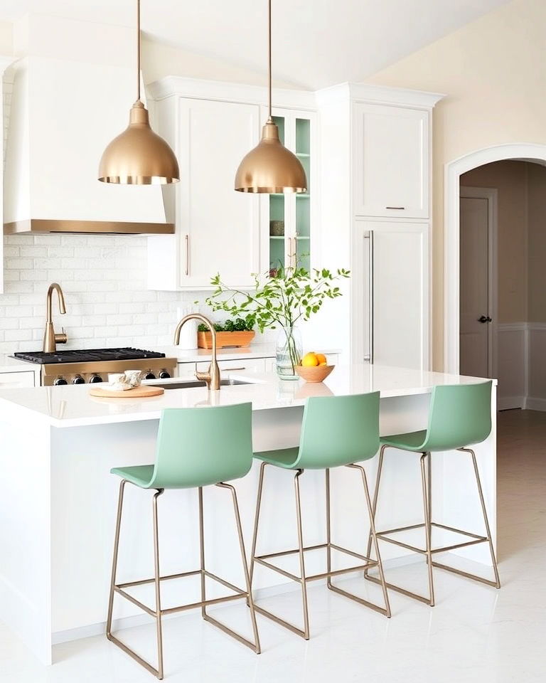 modern touch with sage green bar stools - 25 Sage Green and White Kitchen Ideas