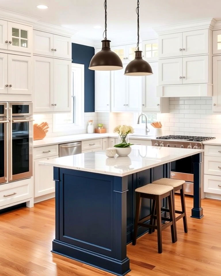 modern transitional design with navy blue island - 30 White Kitchen Cabinets With Blue Island
