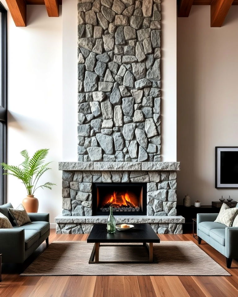 modern twist geometric stone patterns - 20 Floor-to-Ceiling Stone Fireplace Ideas