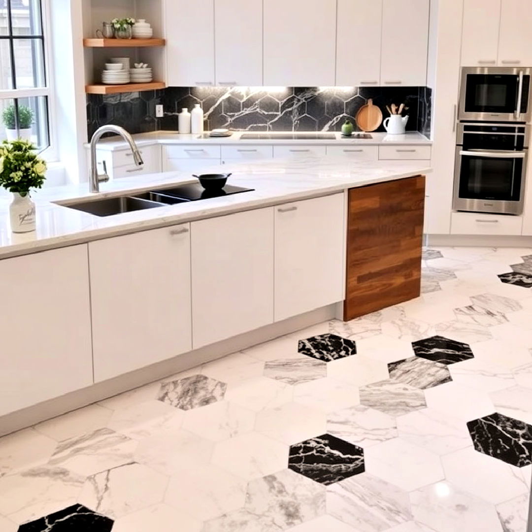 modern twist marble hexagon tiles - 20 Marble Kitchen Floor Ideas