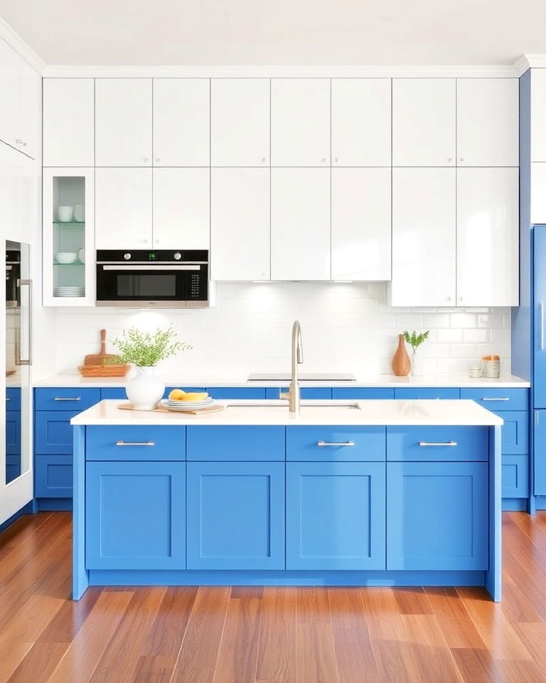 modern two tone cabinets with blue island - 30 White Kitchen Cabinets With Blue Island
