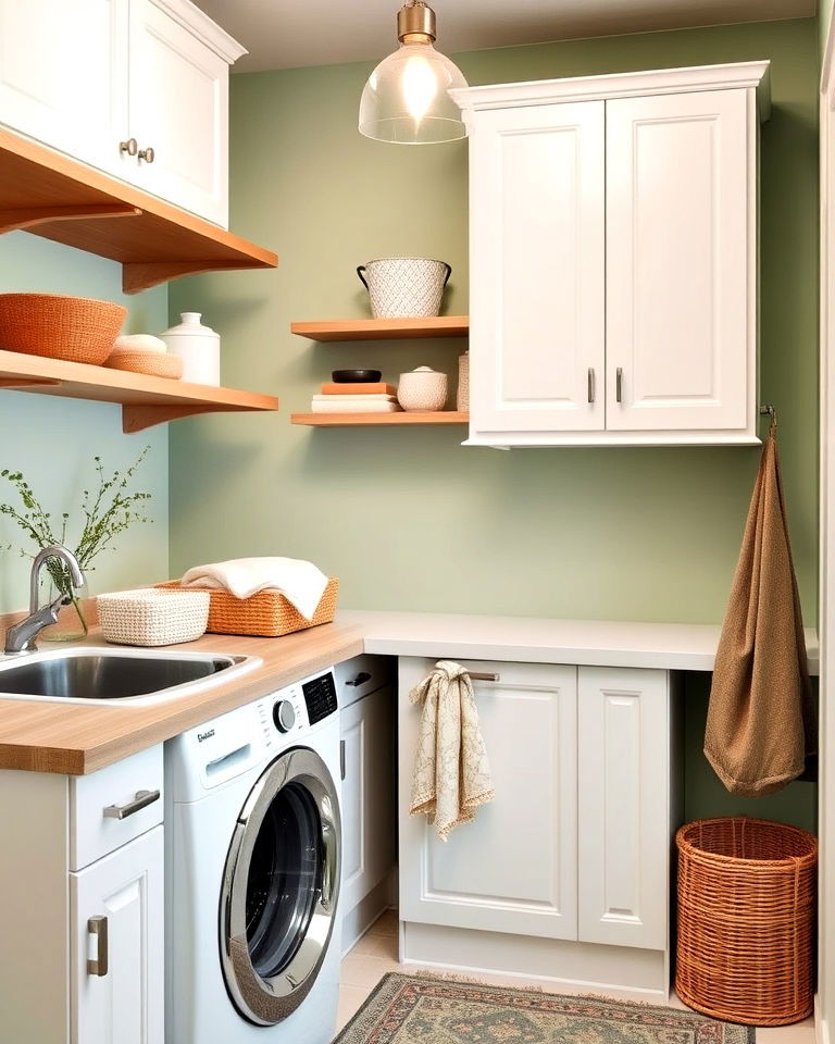 modern two tone sage and white cabinets - 15 Sage Green Laundry Room Ideas