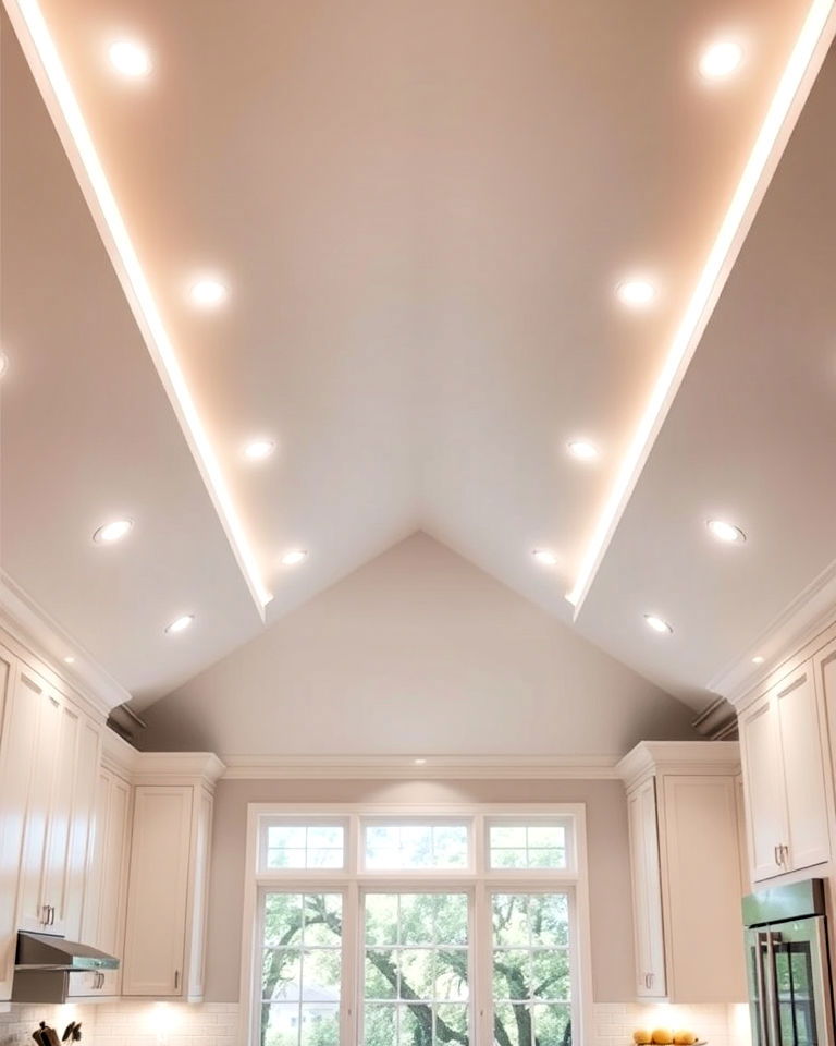 modern vaulted ceiling with recessed lighting - 20 Sloped Ceiling Kitchen Ideas