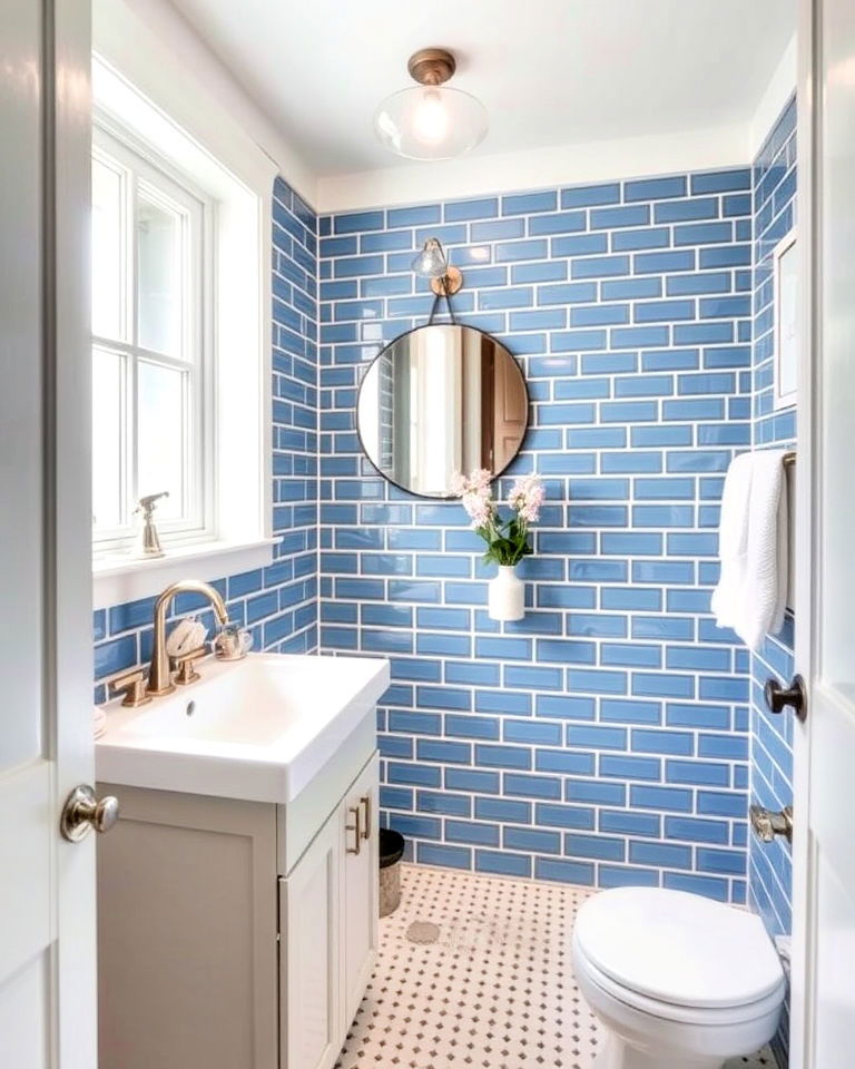 modern vibe blue subway tile backsplash - 20 Blue Powder Room Ideas