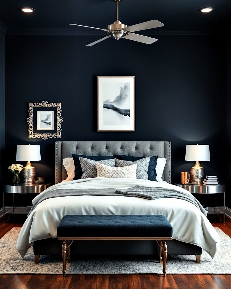 modern vibe dark blue and silver combo - 30 Dark Blue Bedroom Ideas
