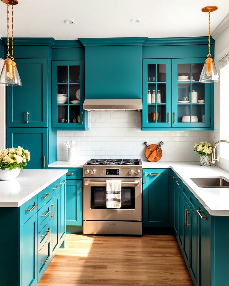 modern vibe white countertops and teal cabinets - 20 Teal and White Kitchen Ideas