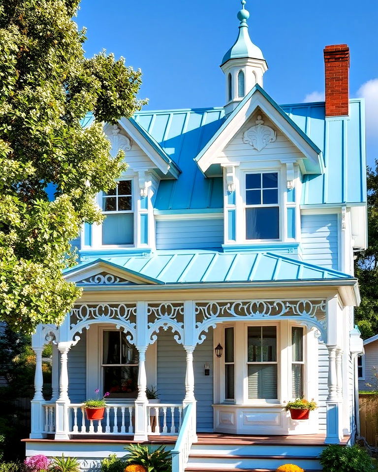 modern victorian cottage and sky blue roof - 25 Houses With Blue Metal Roofs