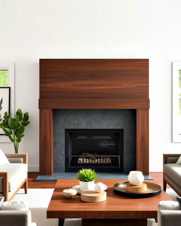 modern walnut stained mantel - 20 Wood Fireplace Mantel Ideas