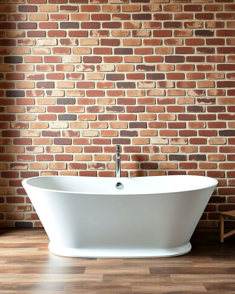 modern white bathtub with brown brick wall - 15 Brown and White Bathroom Ideas