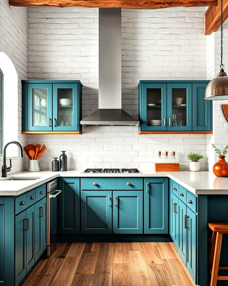 modern white brick walls with teal kitchen cabinetry - 20 Teal and White Kitchen Ideas