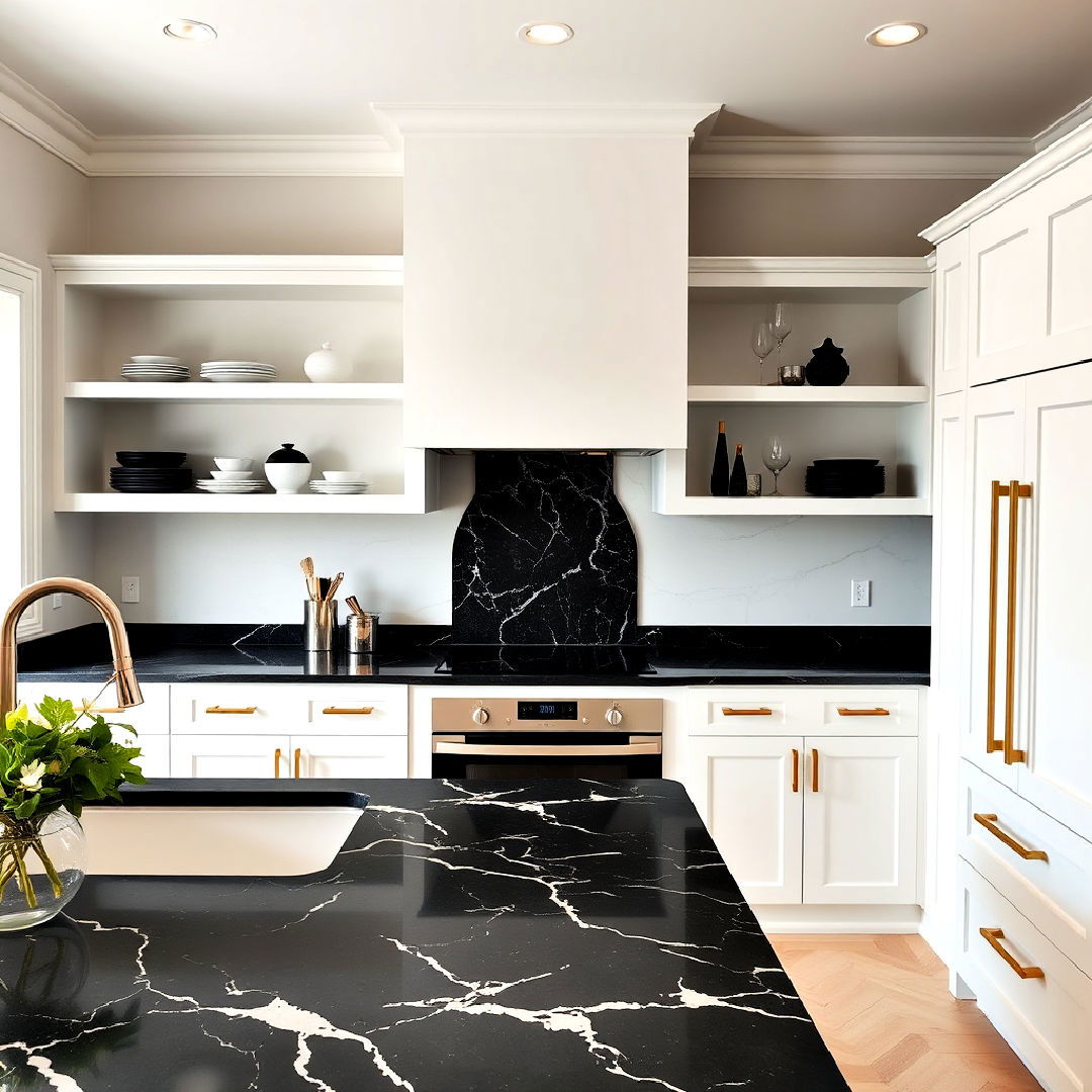 modern white cabinets with black marble and open shelving - 40 White Kitchen With Black Countertops Ideas