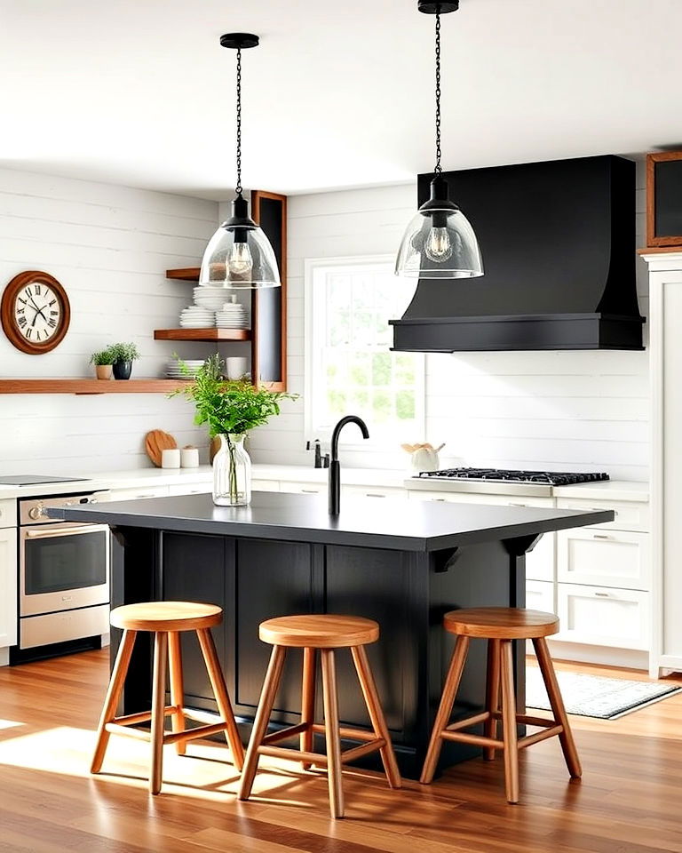 modern white farmhouse kitchen and black island - 20 White Kitchen Ideas With Black Island
