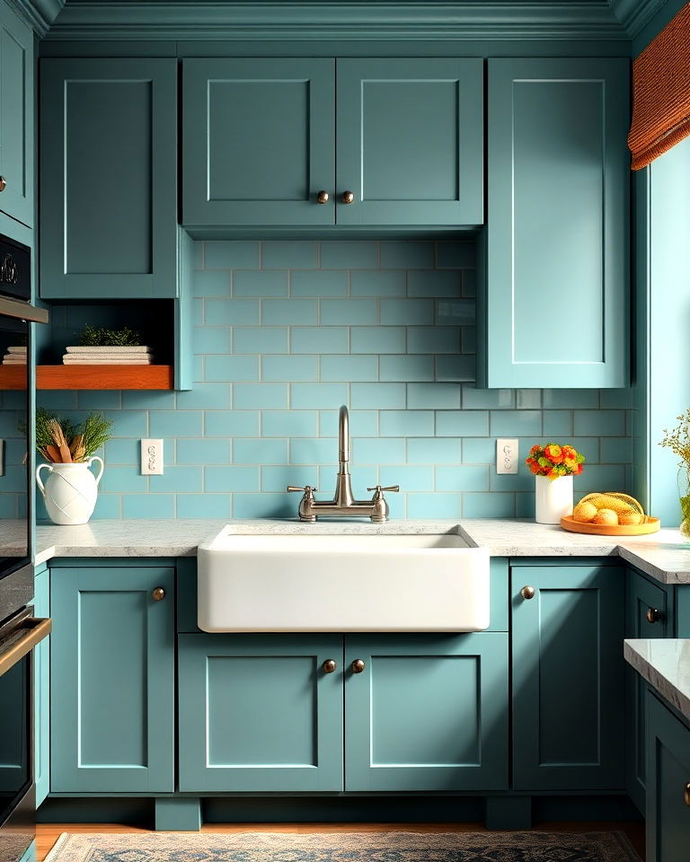 modern white farmhouse sink and teal cabinets - 20 Teal and White Kitchen Ideas
