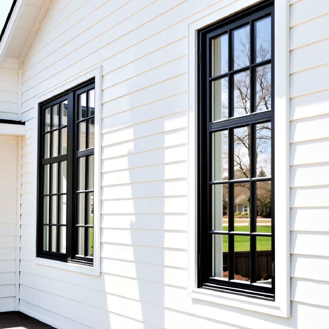 modern white farmhouse with tall black casement windows - 25 White Farmhouse With Black Windows Ideas