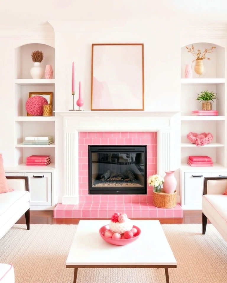 modern white fireplace with pink tiles - 20 Pink and White Living Room Ideas