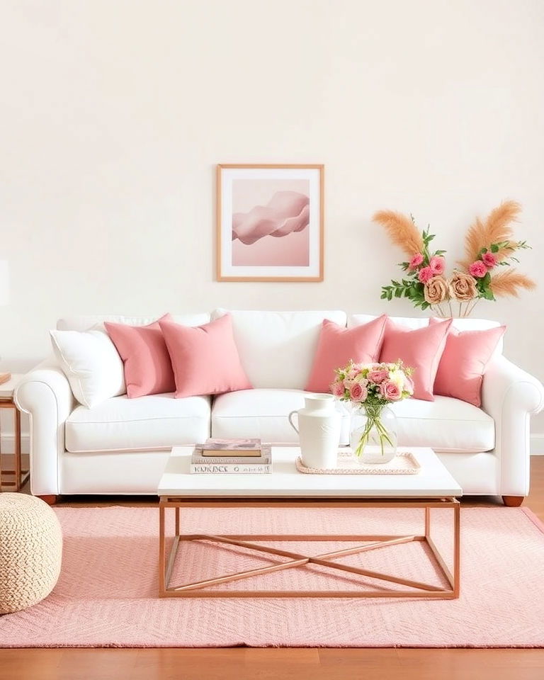 modern white furniture with pink cushions - 20 Pink and White Living Room Ideas