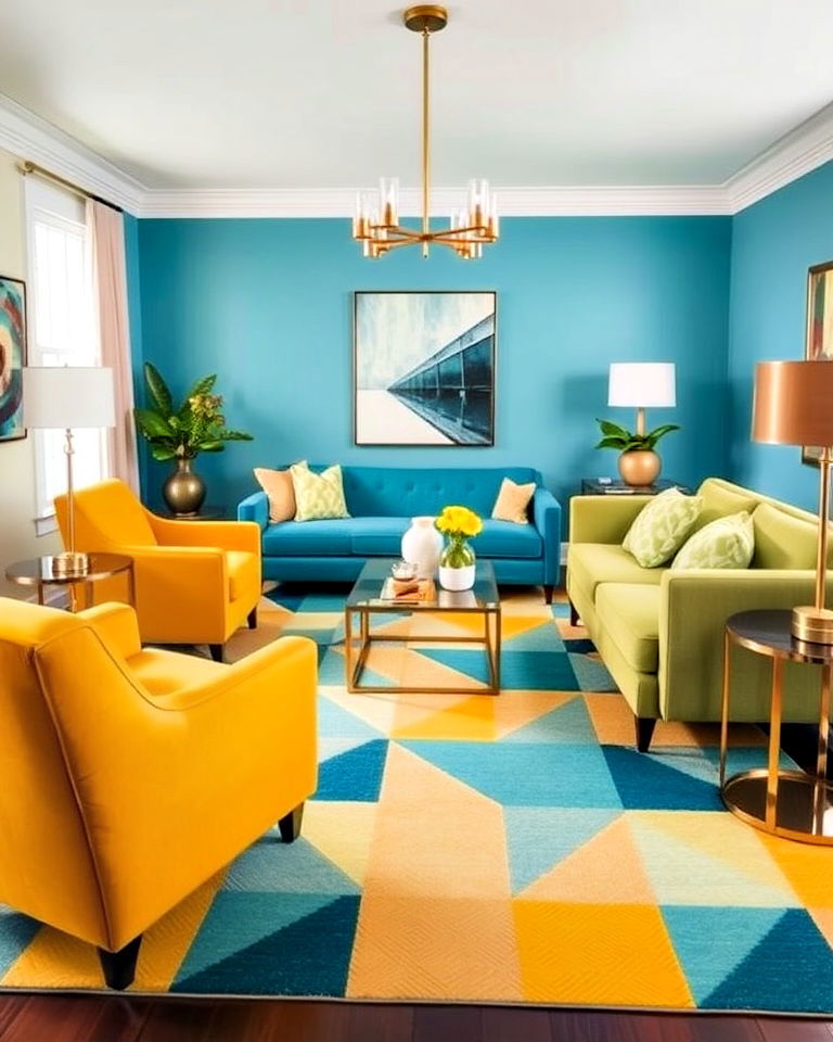 modern yellow and teal geometric rug - 25 Teal and Yellow Living Room Ideas