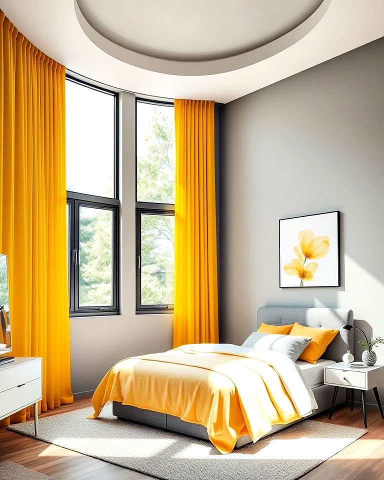 modern yellow curtains against grey walls - 25 Yellow and Grey Bedroom Ideas