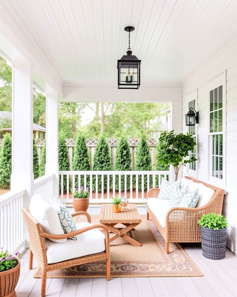 monochromatic covered porch with chic simplicity - 40 Covered Porch Ideas