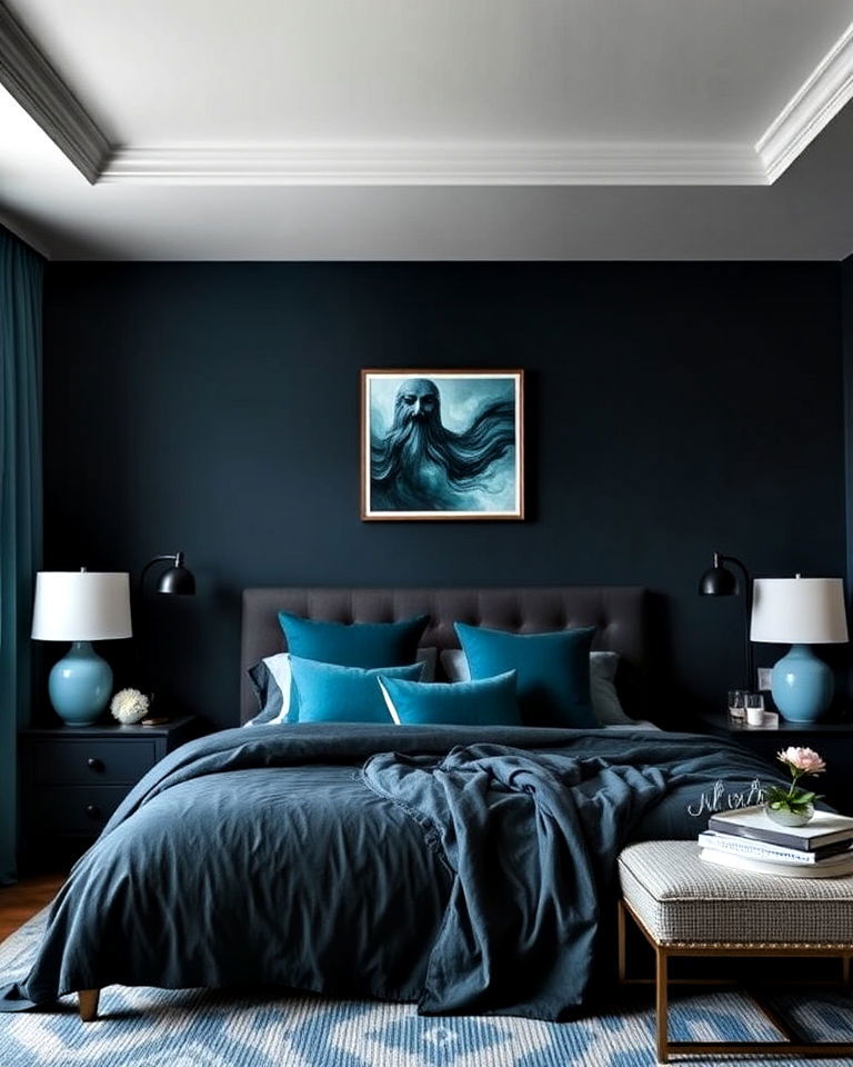 monochromatic look dark blue and teal - 30 Dark Blue Bedroom Ideas