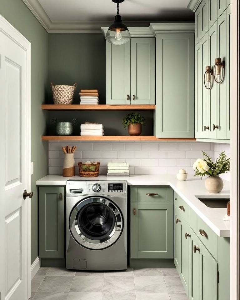 monochromatic sage green scheme for laundry room - 15 Sage Green Laundry Room Ideas