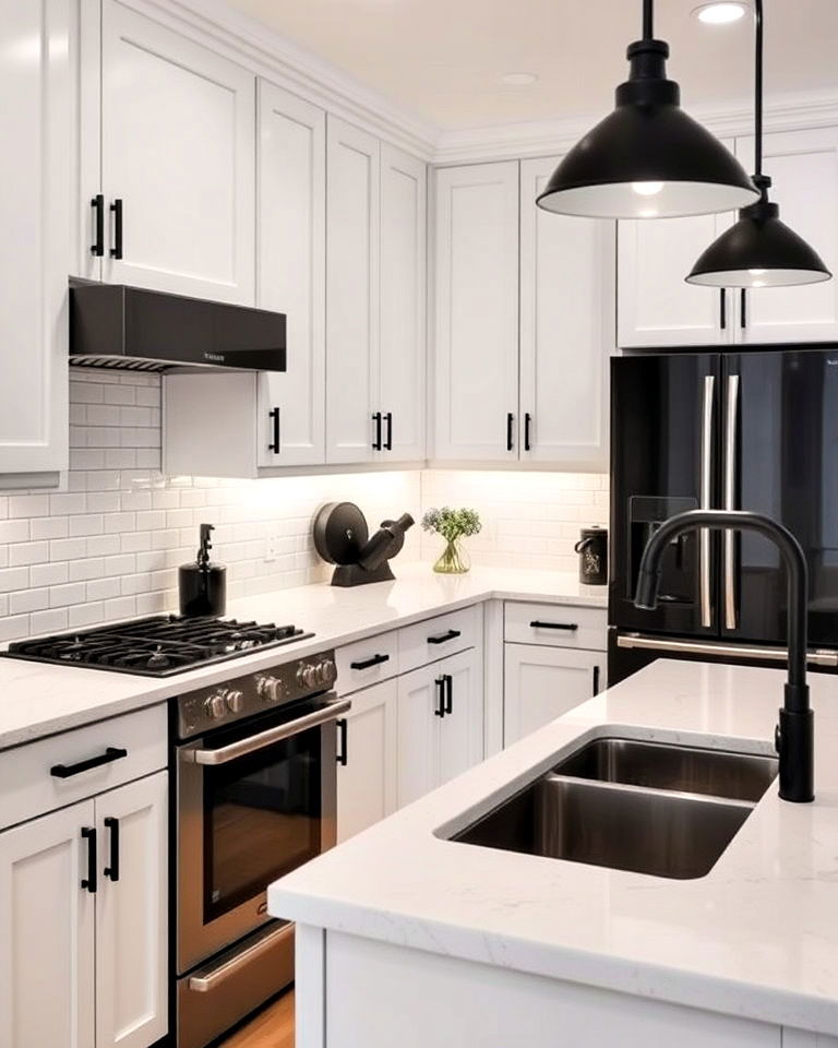 monochrome black and white kitchen - 25 White Kitchen with Black Appliances Ideas