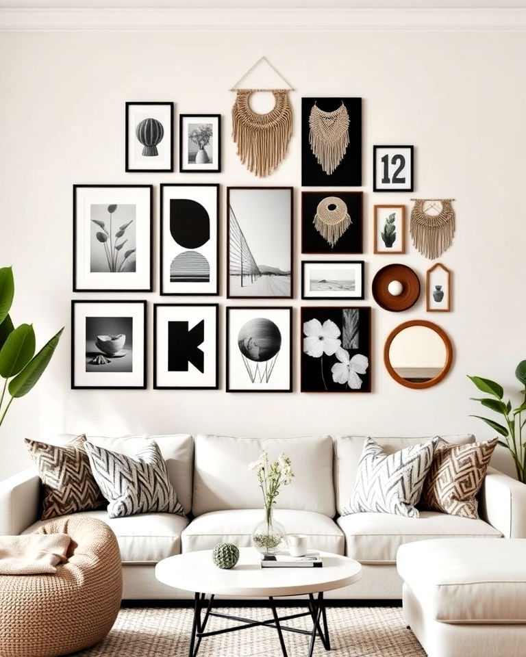 monochrome boho gallery wall to add warmth - 20 Black and White Boho Living Room Ideas