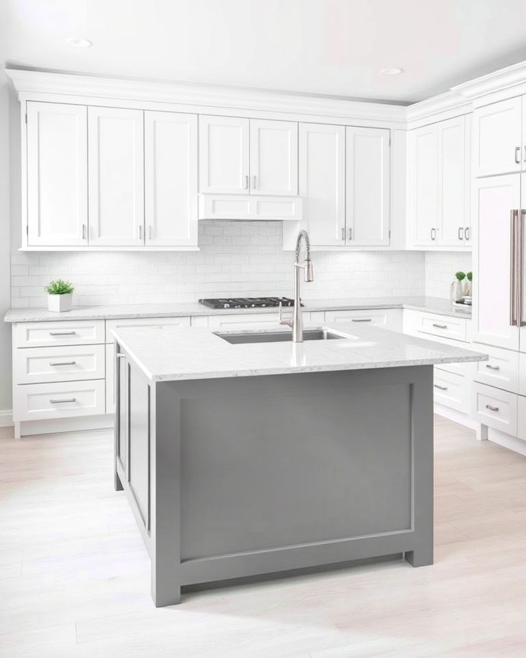 monochrome effect with grey and white - 15 White Kitchen Cabinets With Grey Island Ideas
