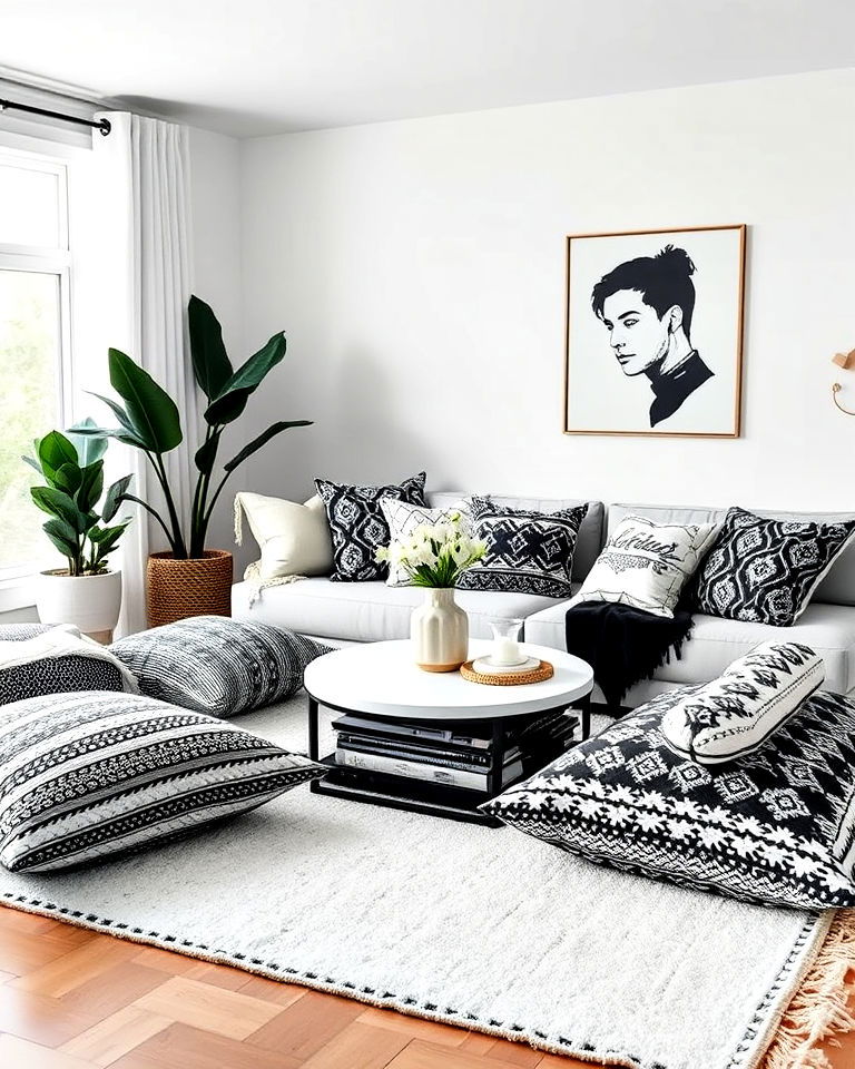 monochrome floor pillows for boho living room - 20 Black and White Boho Living Room Ideas
