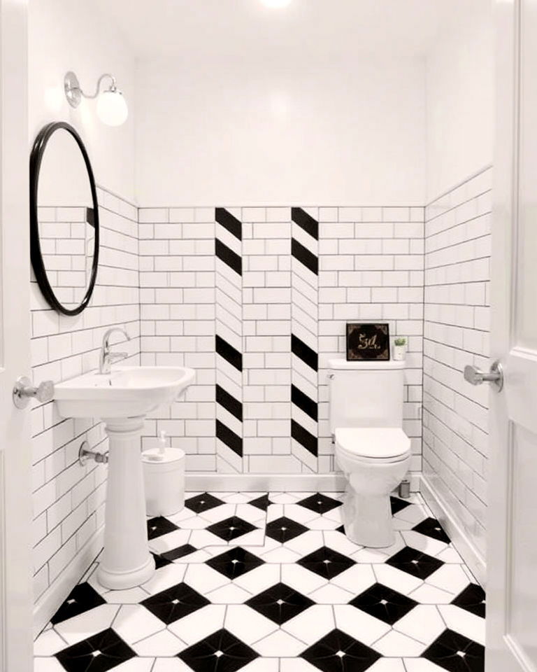 monochrome geometric tiles for powder room - 20 Black and White Powder Room Ideas