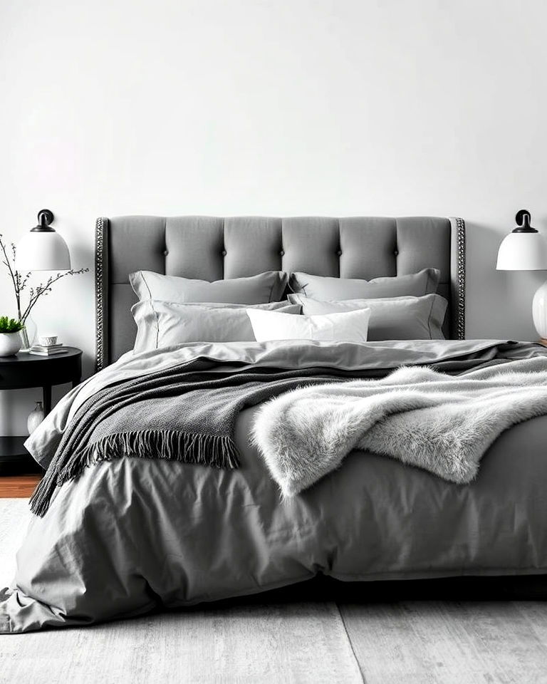 monochrome grey headboard and bedding ideas - 25 Grey Headboard Bedroom Ideas