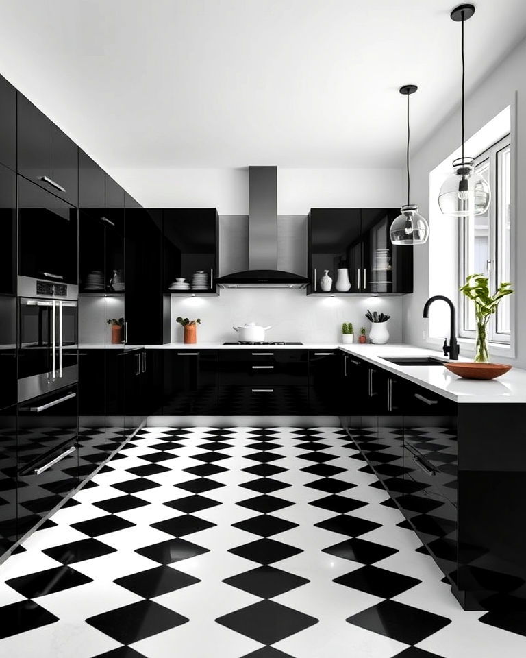 monochrome palette for kitchen with checkered floor - 25 Kitchens With Checkered Floors