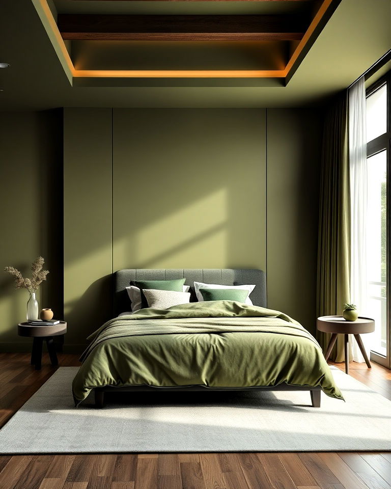 monochrome palette for olive green bedroom - 25 Olive Green Bedroom Ideas