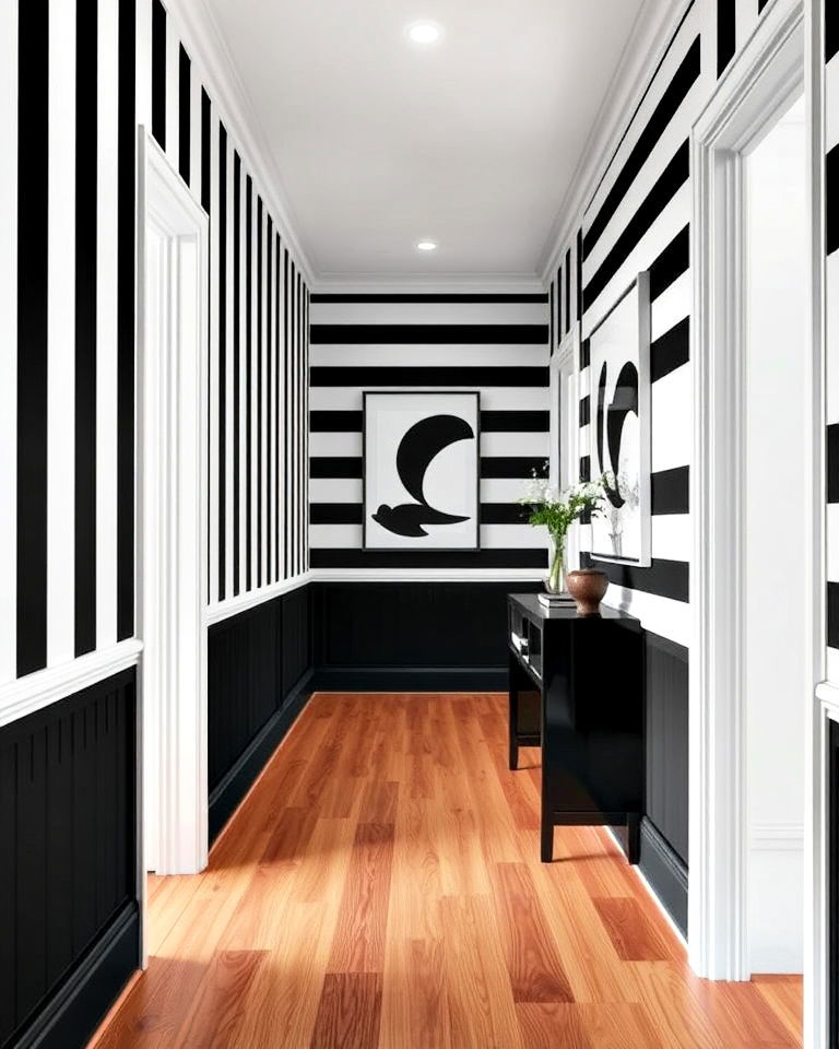 monochrome striped walls for hallway - 20 Black and White Hallway Ideas