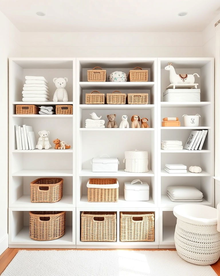 monochrome white storage shelves design - 15 White Nursery Ideas
