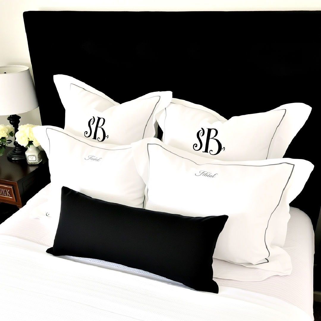 monogrammed details to add personalize touch - 40 Black and White Bedroom Ideas