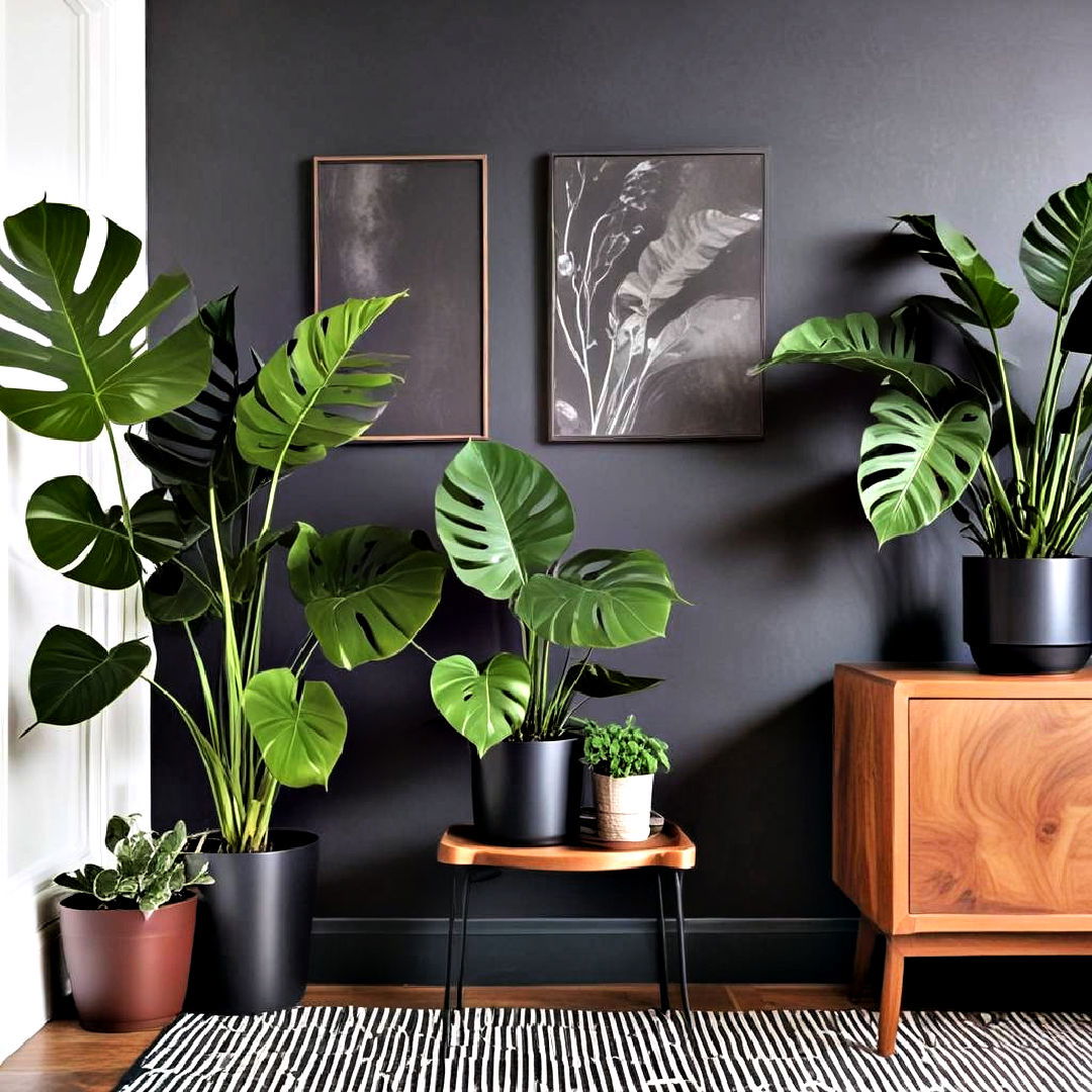 moody green plants for natural contrast - 25 Dark Bedroom Ideas