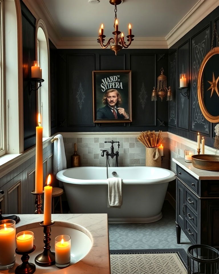 moody vibe candlelight accents - 20 Dark Academia Bathroom Ideas
