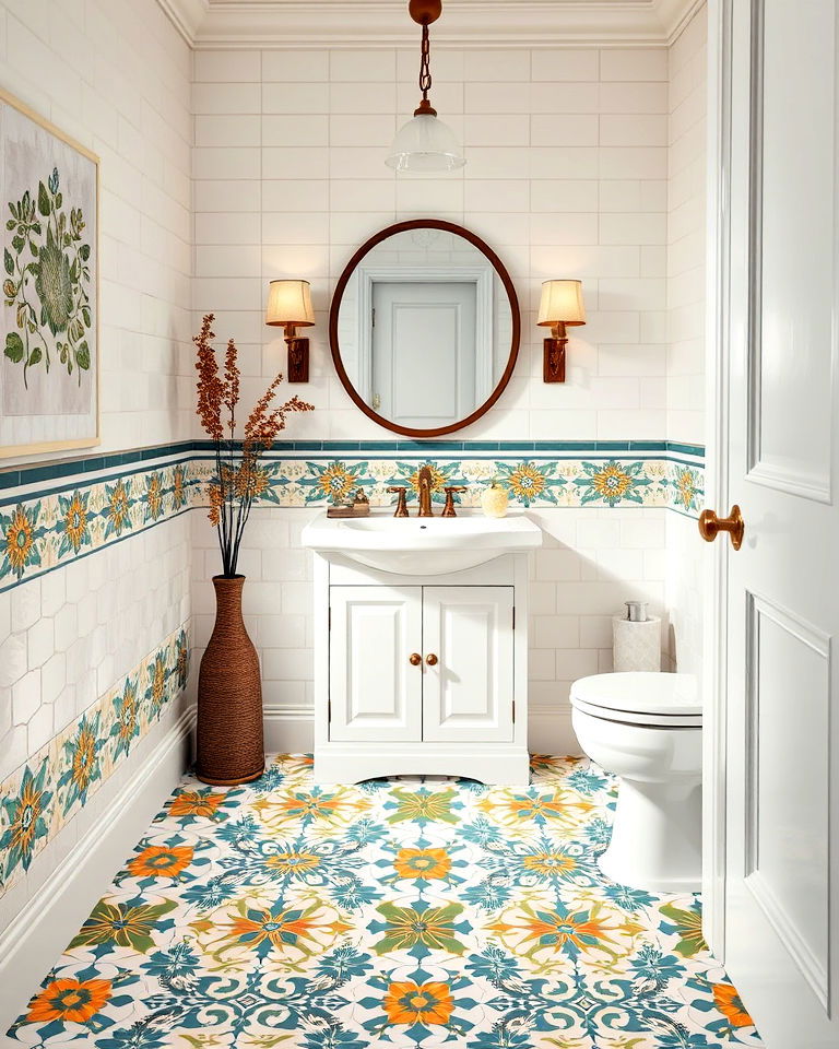 moroccan inspired encaustic floor tiles - 25 Powder Room Floor Tile Ideas