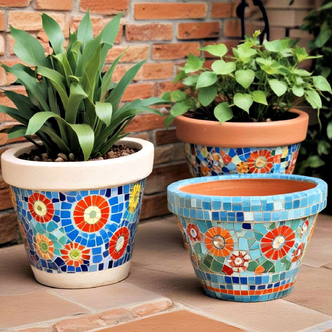 mosaic accent on flower pots - 40 Small Patio Ideas on a Budget