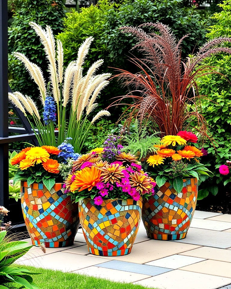 mosaic pot planter for artistic touch - 40 Fall Planter Ideas
