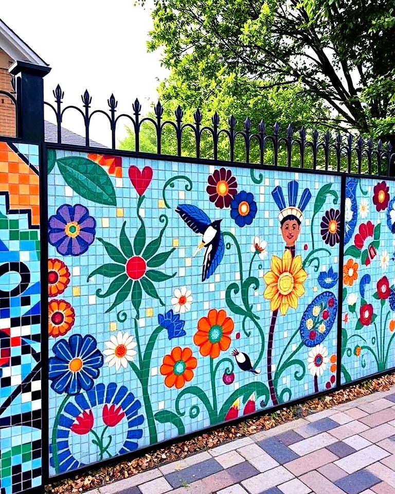 mosaic tile fence for unique touch - 20 Fence Art Ideas