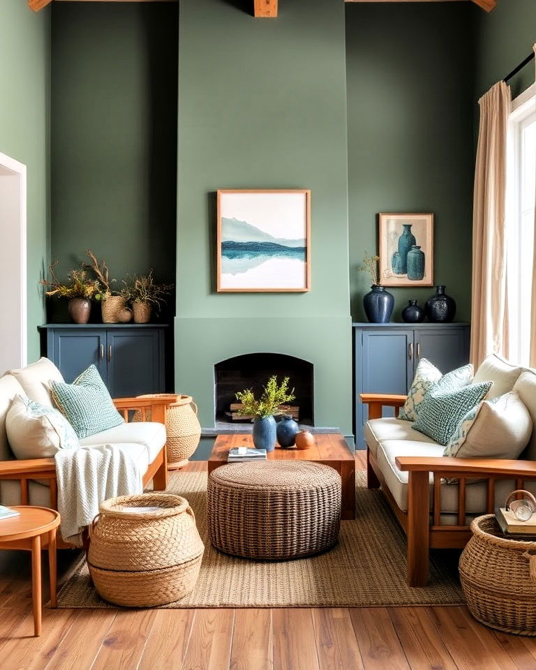 moss green and slate blue for rustic charm - 20 Blue and Green Living Room Ideas