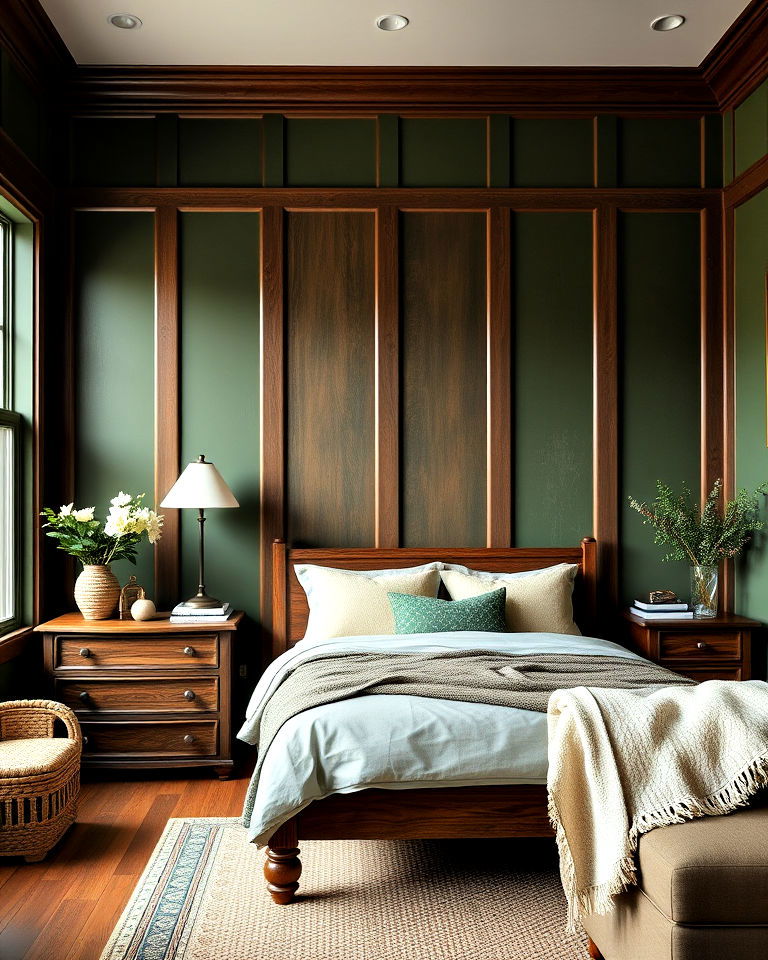 moss green and wood paneling for bedroom - 20 Green and Brown Bedroom Ideas