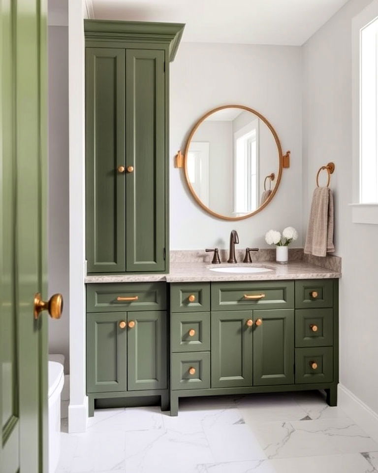 moss green cabinets for calming effect - 20 Small Green Bathroom Ideas