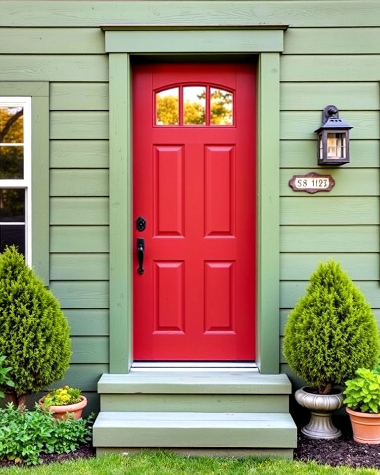 mossy green exterior with brick red doors - 25 Farmhouse Green Exterior Home Ideas