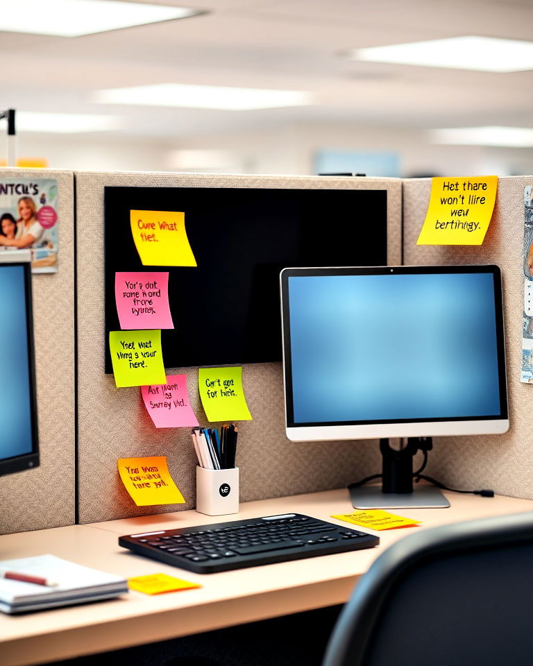 motivational sticky notes on cubicle - 30 Cubicle Decor Ideas